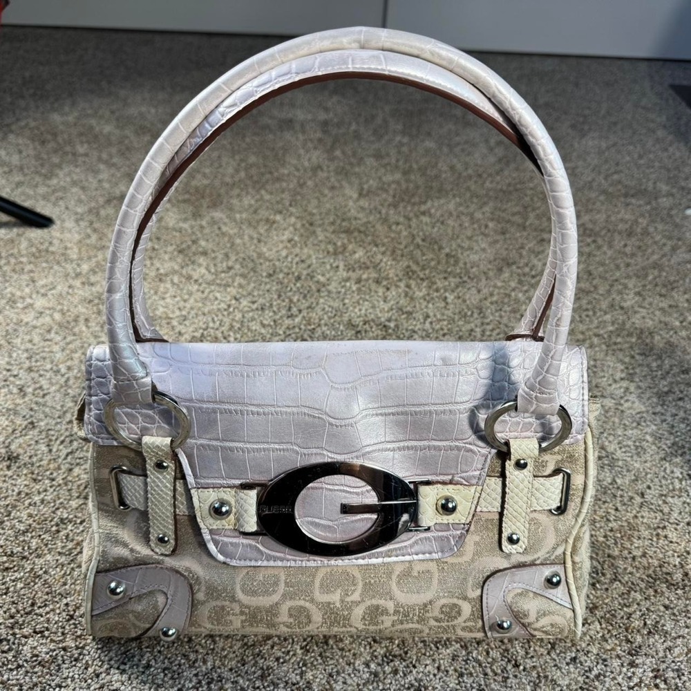 Guess Y2K Monogram Shoulder Bag Croc Snake Print Metallic Silver G Logo Buckle
